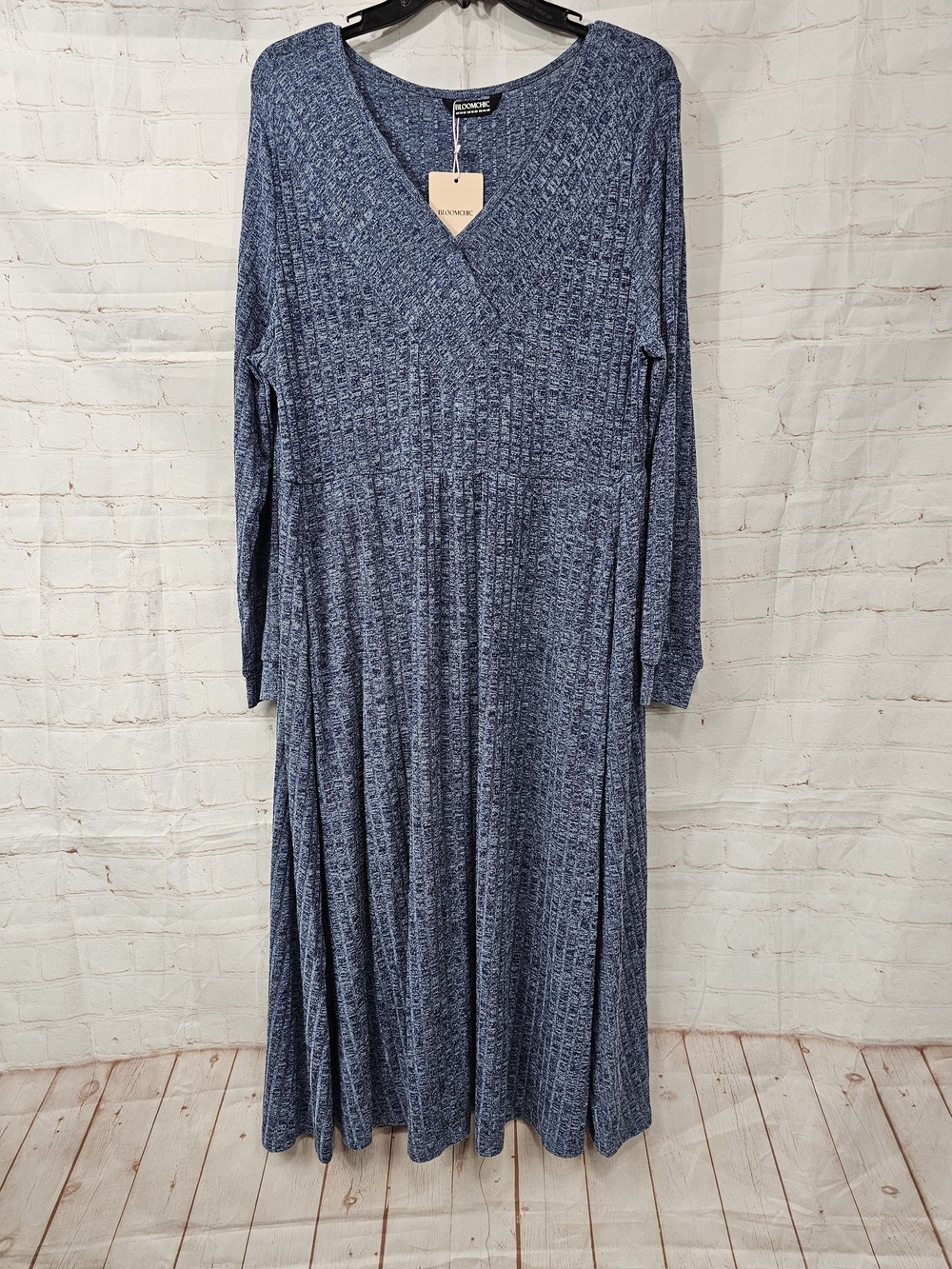 BloomChic Dusty Blue V-Neck Ribbed Maxi Dress